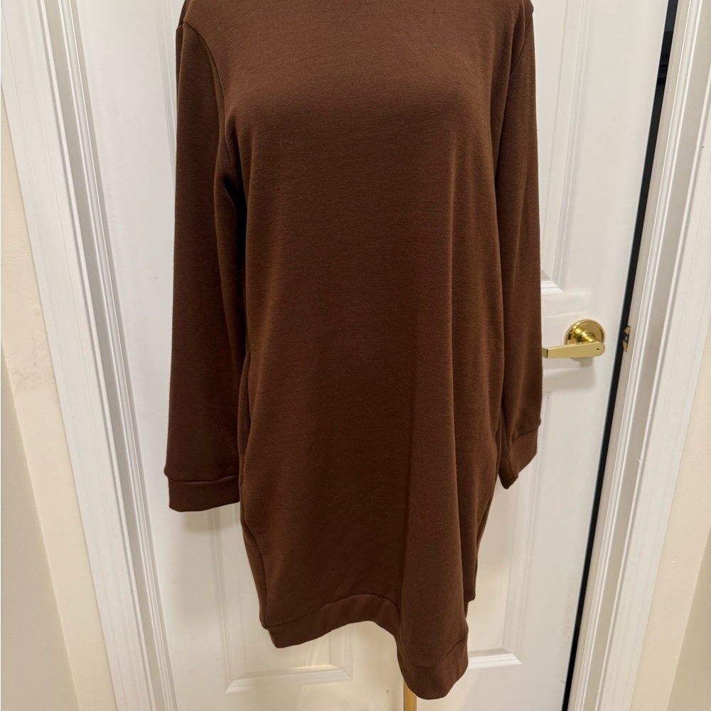 Miselon Women's Fleece Long Pullover Sweatshirt Dress, Pockets, Brown, NWT, Sz M